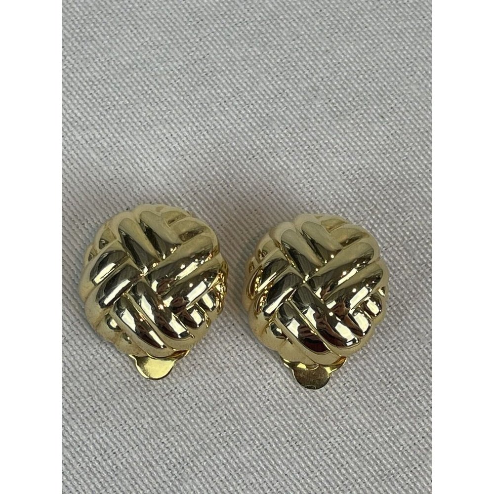 Vintage Clip On Gold Tone Basket Weave Earrings 80s 90s Rubbed - Picture 4 of 8